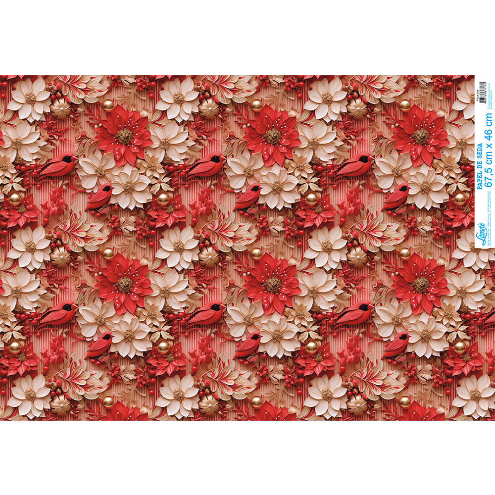 PAPEL DE SEDA - COLECAO PADRAO FLORAL VERMELHO E BEGE