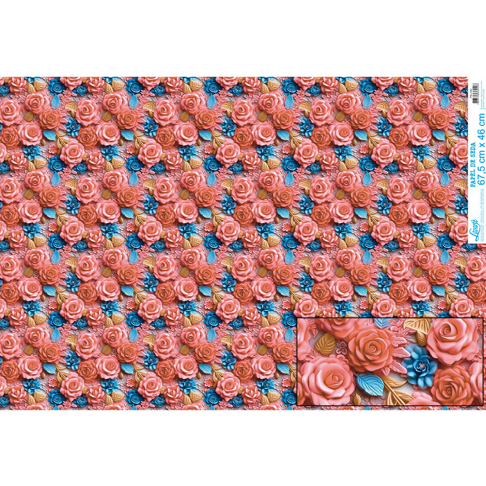 PAPEL DE SEDA - COLECAO ROSAS 3D CORAL E AZUL PSL-040