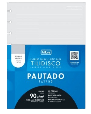 FOLHAS SOLTAS PARA TILIDISCO FORMATO COLEGIAL PAUTADO 90G 50 FOLHAS CINZAS